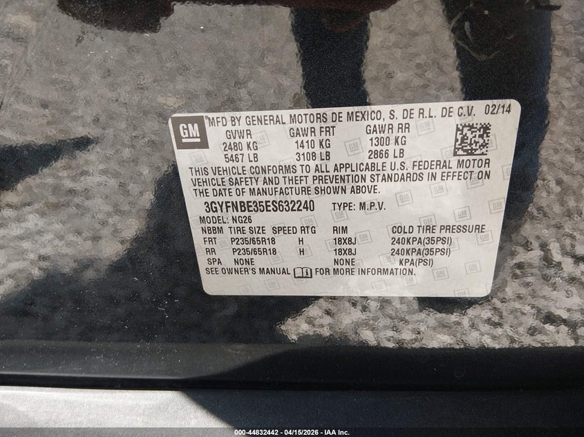 2014 Cadillac Srx Luxury Collection VIN: 3GYFNBE35ES632240 Lot: 44832442