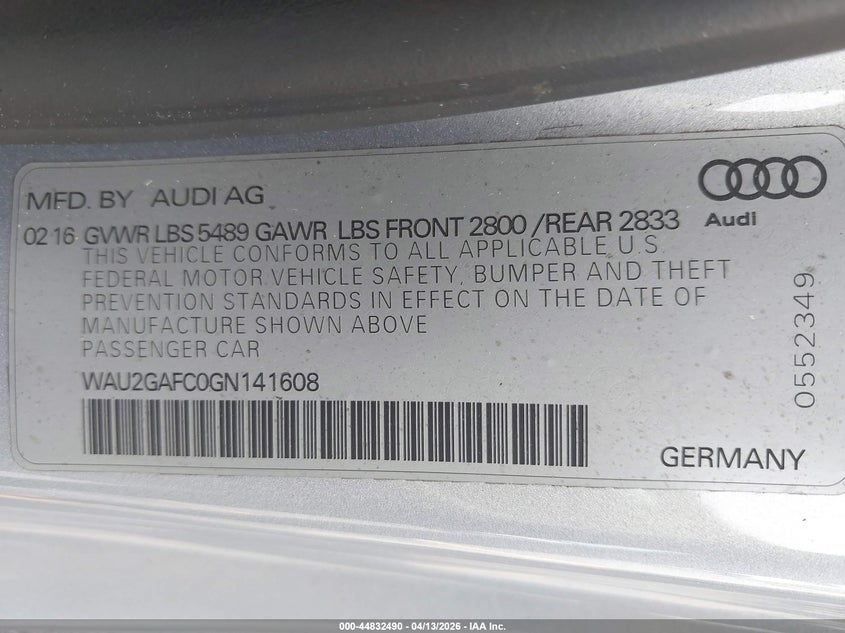 2016 Audi A7 3.0T Premium Plus VIN: WAU2GAFC0GN141608 Lot: 44832490