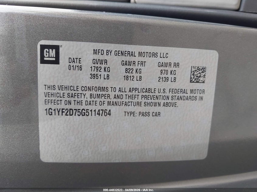 2016 Chevrolet Corvette Stingray VIN: 1G1YF2D75G5114764 Lot: 44832523