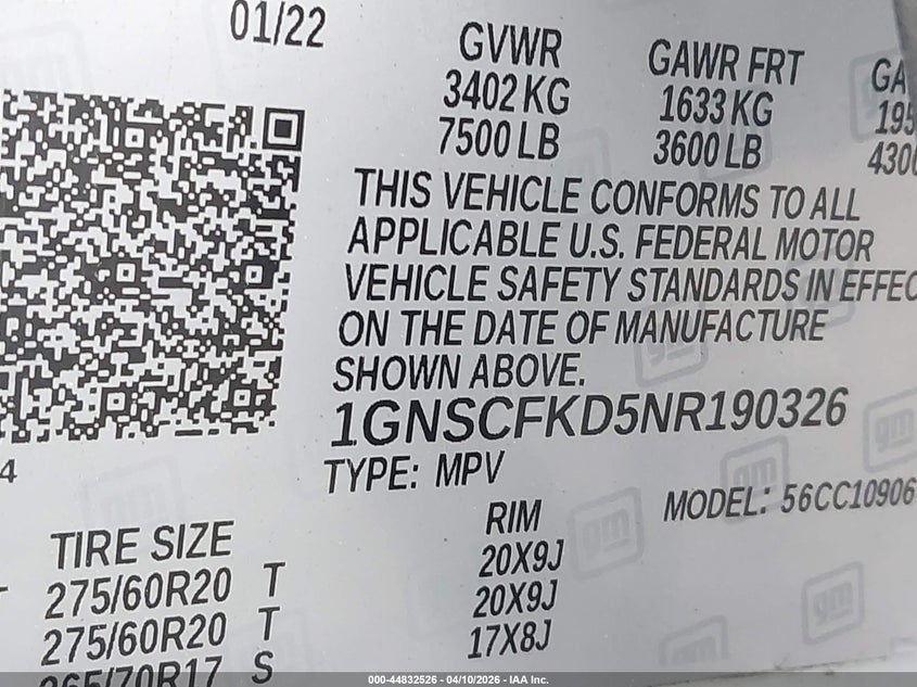 2022 Chevrolet Suburban 2Wd Premier VIN: 1GNSCFKD5NR190326 Lot: 44832526