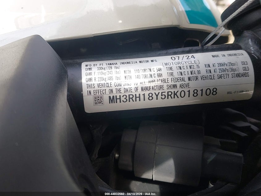 2024 Yamaha Yzfr3 A VIN: MH3RH18Y5RK018108 Lot: 44832560