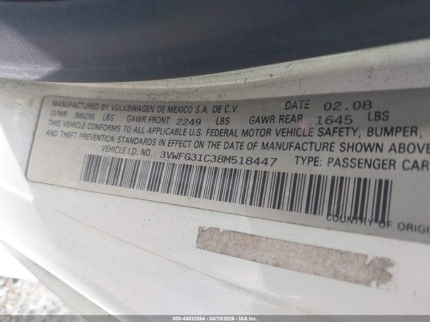 2008 Volkswagen New Beetle Black Tie Edition/Triple White VIN: 3VWFG31C38M518447 Lot: 44832564