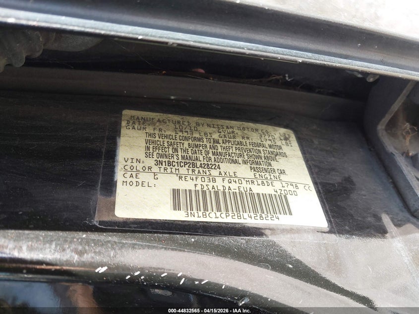 2011 Nissan Versa 1.8S VIN: 3N1BC1CP2BL428224 Lot: 44832565