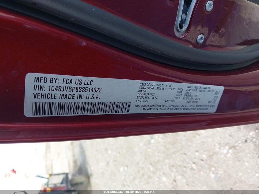 2025 Jeep Wagoneer Carbide 4X4 VIN: 1C4SJVBP8SS514022 Lot: 44832589