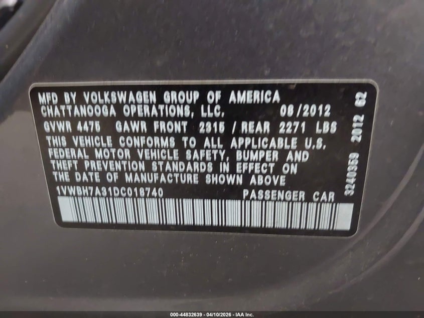 2013 Volkswagen Passat 2.5L Se VIN: 1VWBH7A31DC018740 Lot: 44832639