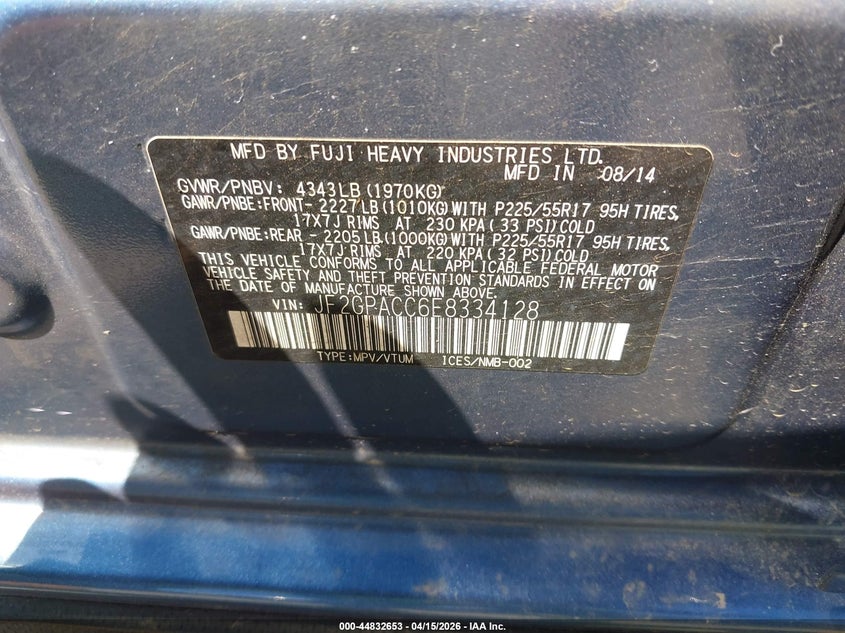 2014 Subaru Xv Crosstrek 2.0I Premium VIN: JF2GPACC6E8334128 Lot: 44832653