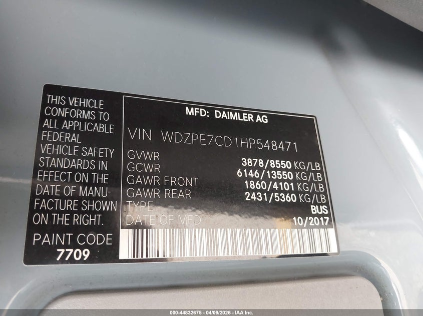 2017 Mercedes-Benz Sprinter 2500 Standard Roof V6 VIN: WDZPE7CD1HP548471 Lot: 44832675