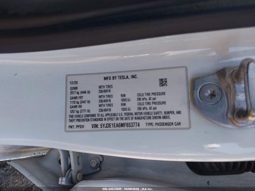 2021 Tesla Model 3 Standard Range Plus Rear-Wheel Drive white Lot 111044832698 Vin 5YJ3E1EA6MF853774