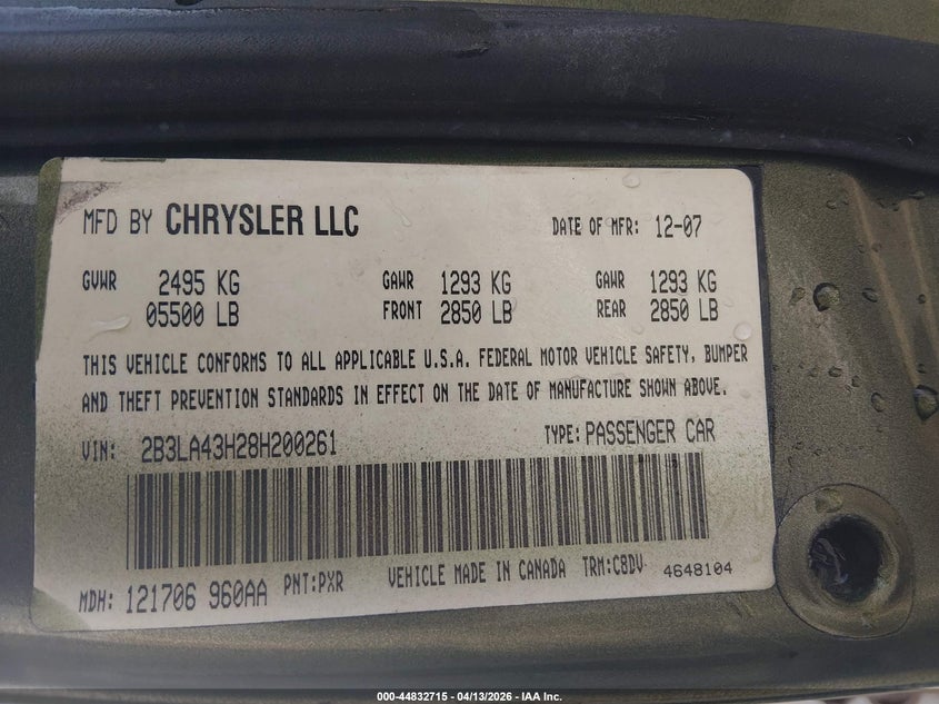 2008 Dodge Charger VIN: 2B3LA43H28H200261 Lot: 44832715