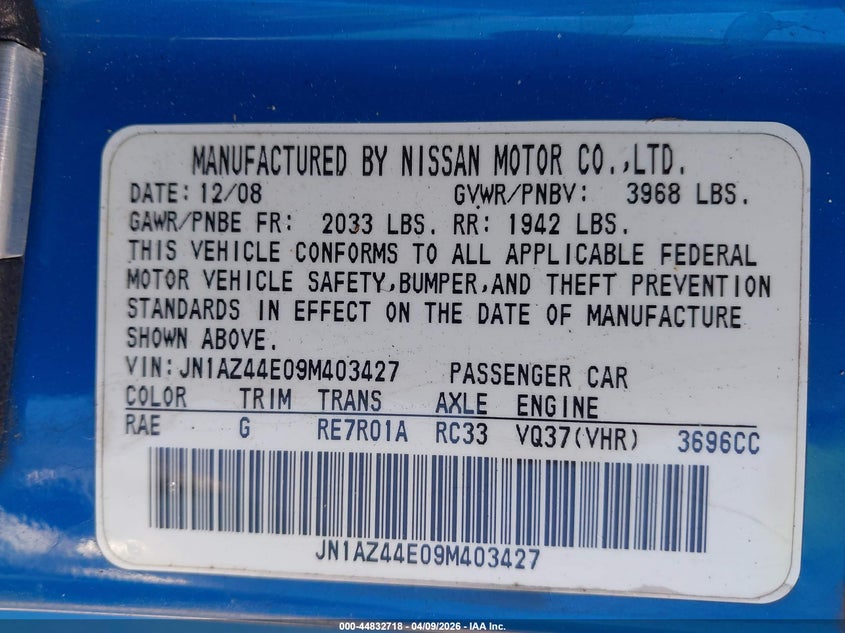 2009 Nissan 370Z Touring VIN: JN1AZ44E09M403427 Lot: 44832718