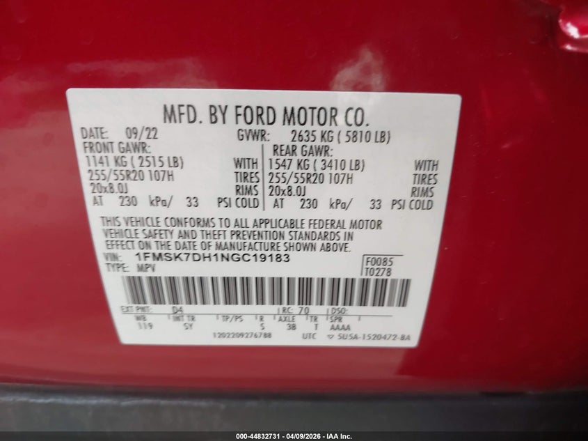 1FMSK7DH1NGC19183 2022 Ford Explorer 2.3 Xlt red
