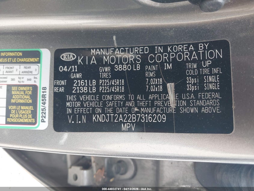 2011 Kia Soul ! VIN: KNDJT2A22B7316209 Lot: 44832741