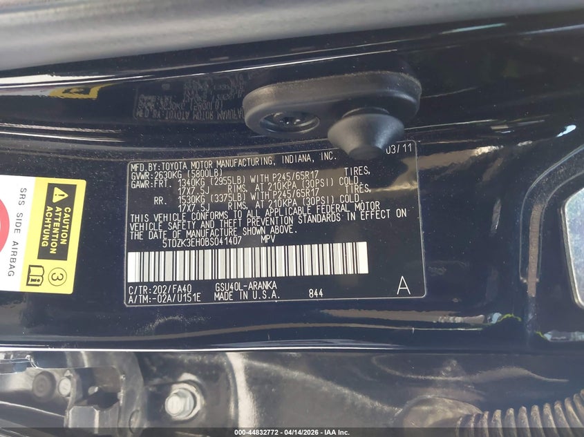 2011 Toyota Highlander Base V6 VIN: 5TDZK3EH0BS041407 Lot: 44832772