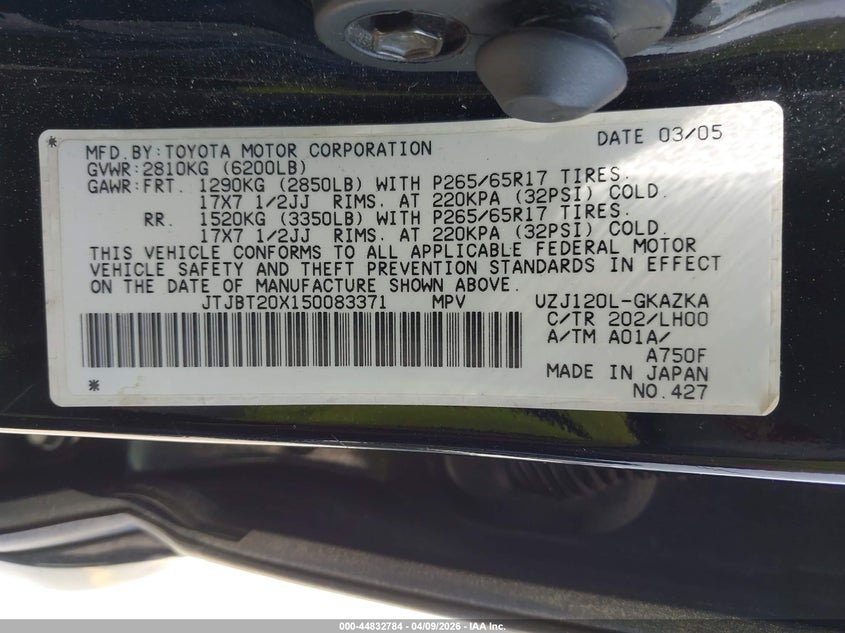 2005 Lexus Gx 470 VIN: JTJBT20X150083371 Lot: 44832784