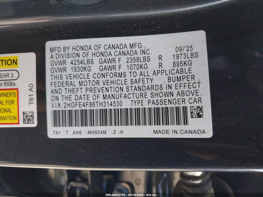 2026 Honda Civic 2.0 Hybrid Sport/Sport Touring grey Lot 111044832792 Vin 2HGFE4F86TH314530