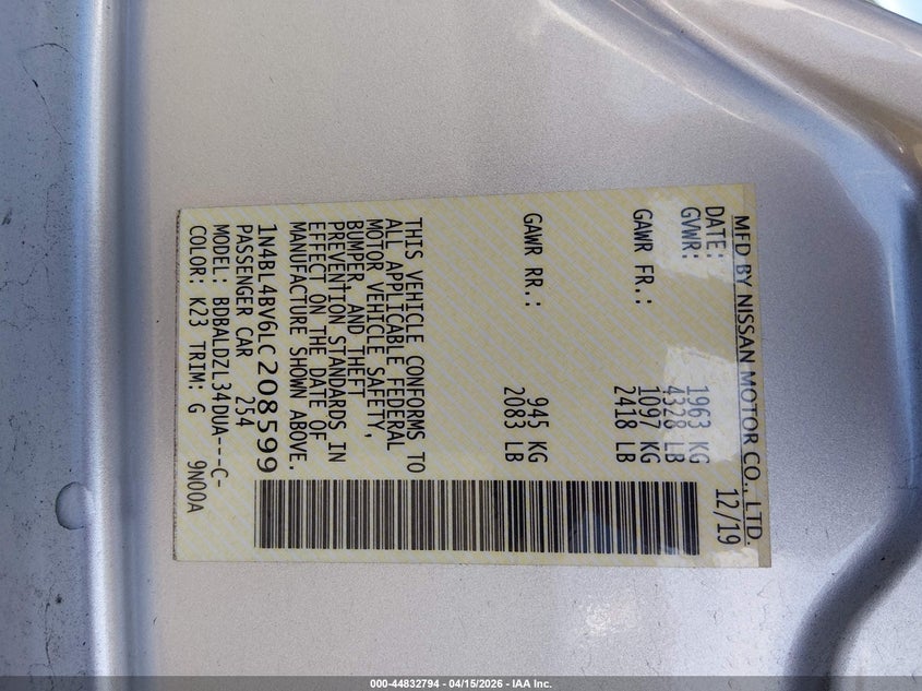 2020 Nissan Altima S Fwd VIN: 1N4BL4BV6LC208599 Lot: 44832794