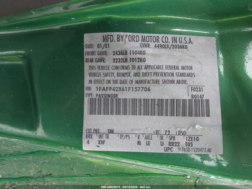 2001 Ford Mustang Gt VIN: 1FAFP42X61F157706 Lot: 44832813