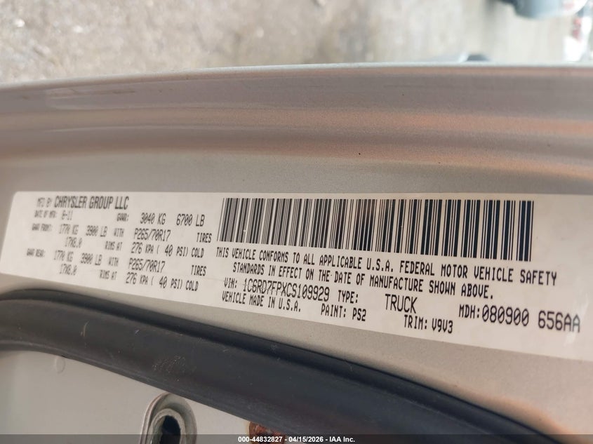 2012 Ram 1500 St VIN: 1C6RD7FPXCS109929 Lot: 44832827