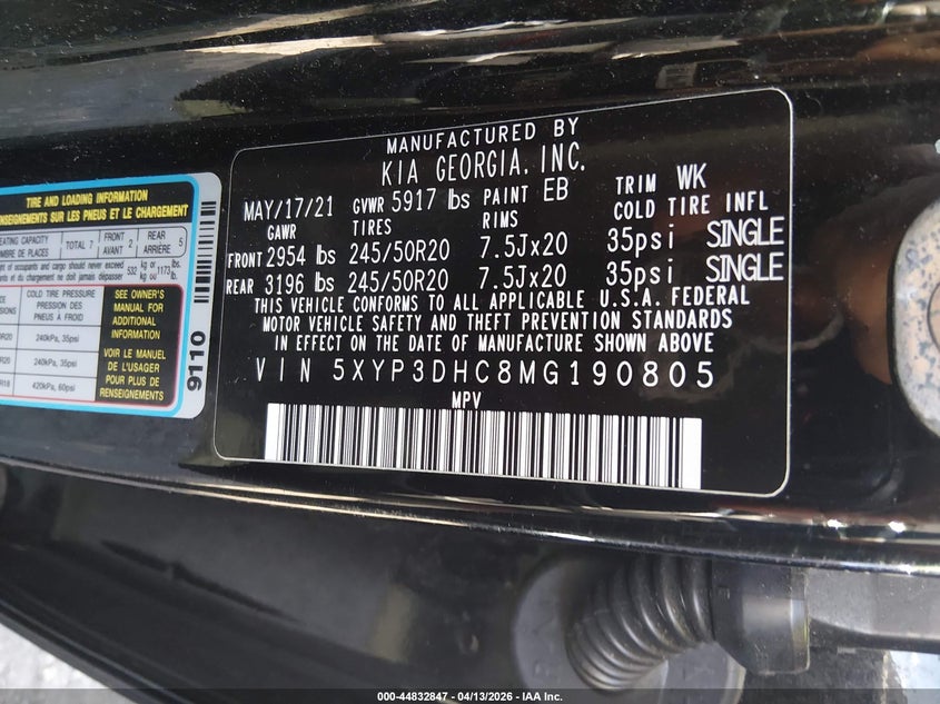 2021 Kia Telluride Ex VIN: 5XYP3DHC8MG190805 Lot: 44832847