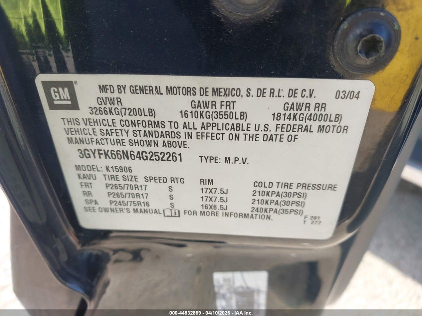 2004 Cadillac Escalade Esv Standard VIN: 3GYFK66N64G252261 Lot: 44832869