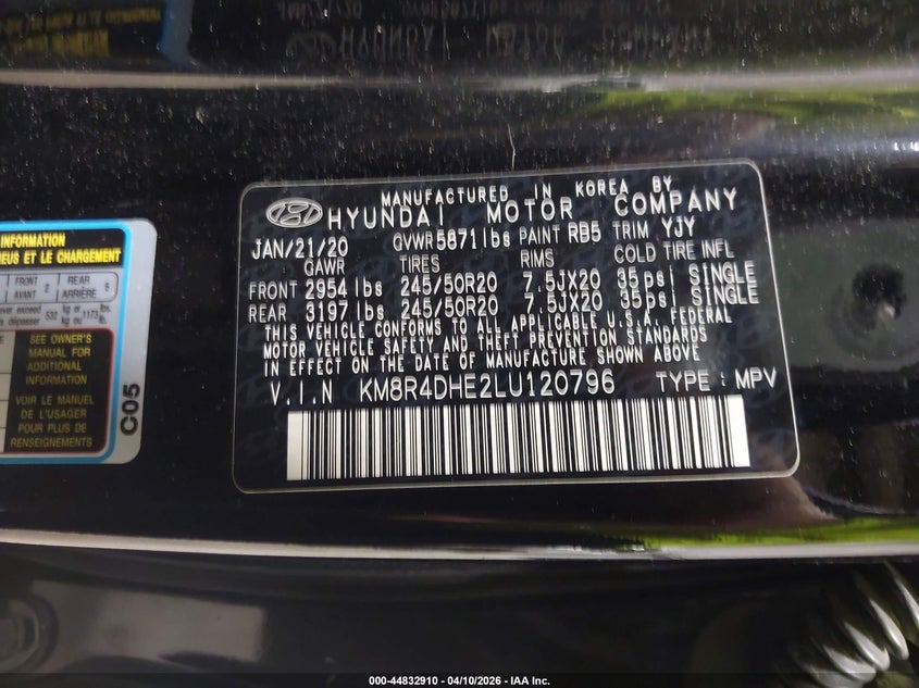 2020 Hyundai Palisade Sel VIN: KM8R4DHE2LU120796 Lot: 44832910