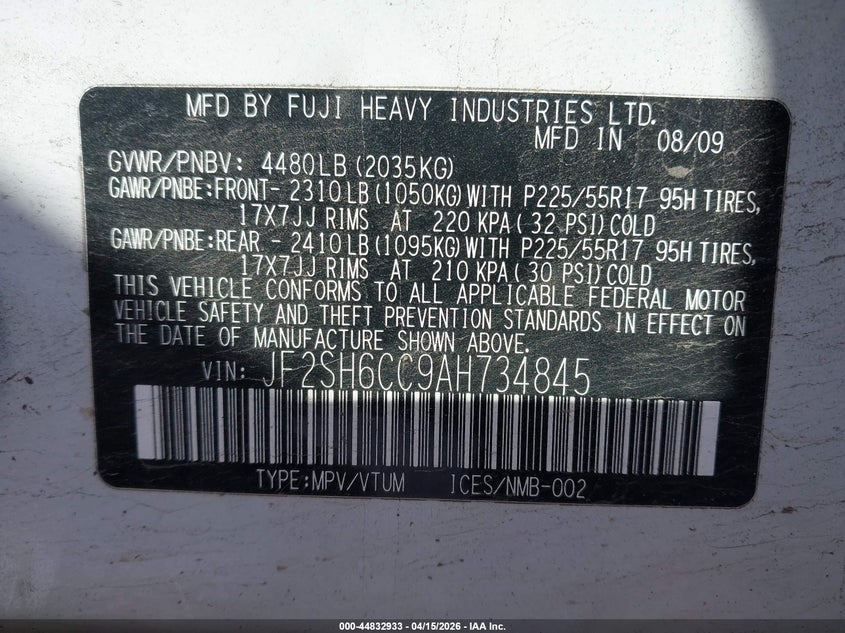 2010 Subaru Forester 2.5X Premium VIN: JF2SH6CC9AH734845 Lot: 44832933