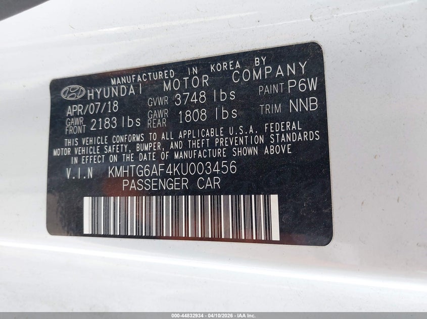 2019 Hyundai Veloster 2.0 Premium VIN: KMHTG6AF4KU003456 Lot: 44832934