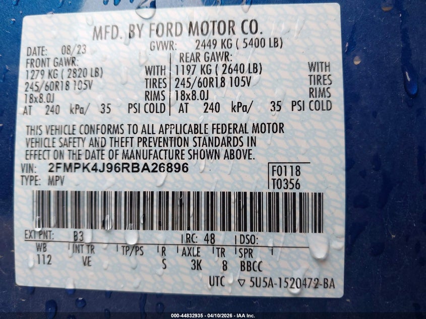 2024 Ford Edge 2.0 Sel blue Lot 111044832935 Vin 2FMPK4J96RBA26896