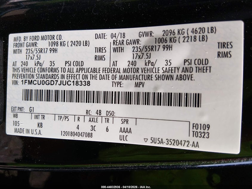2018 Ford Escape 1.5 Se black Lot 111044832936 Vin 1FMCU0GD7JUC18338