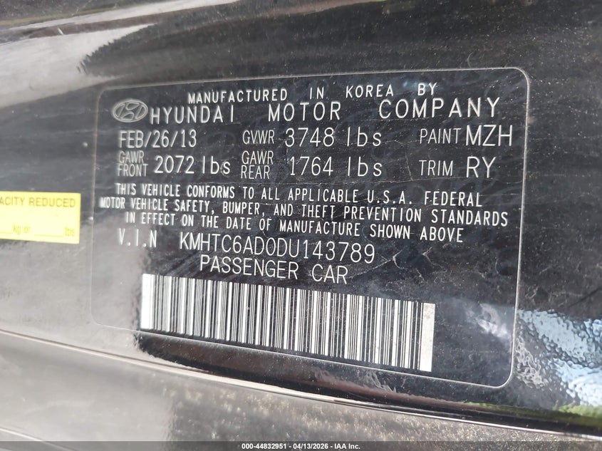 2013 Hyundai Veloster Base W/Gray VIN: KMHTC6AD0DU143789 Lot: 44832951