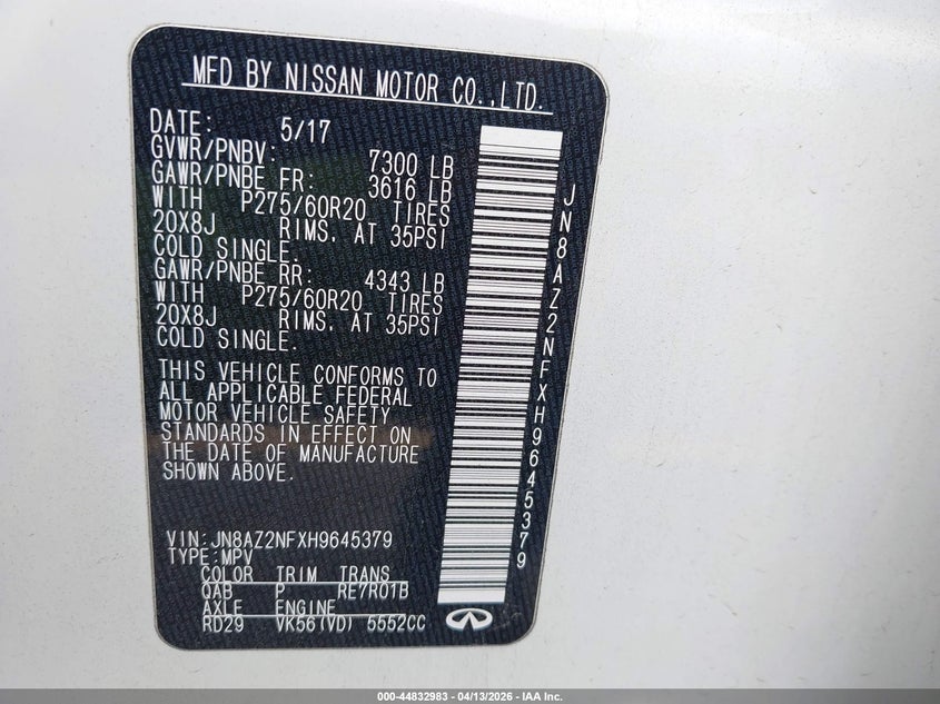 2017 Infiniti Qx80 VIN: JN8AZ2NFXH9645379 Lot: 44832983