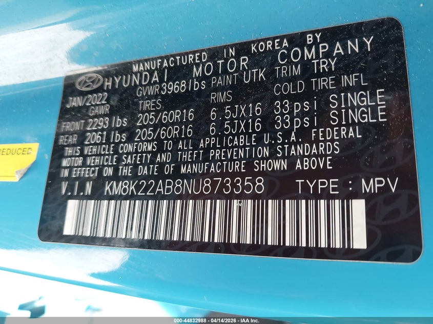 2022 Hyundai Kona Se VIN: KM8K22AB8NU873358 Lot: 44832988