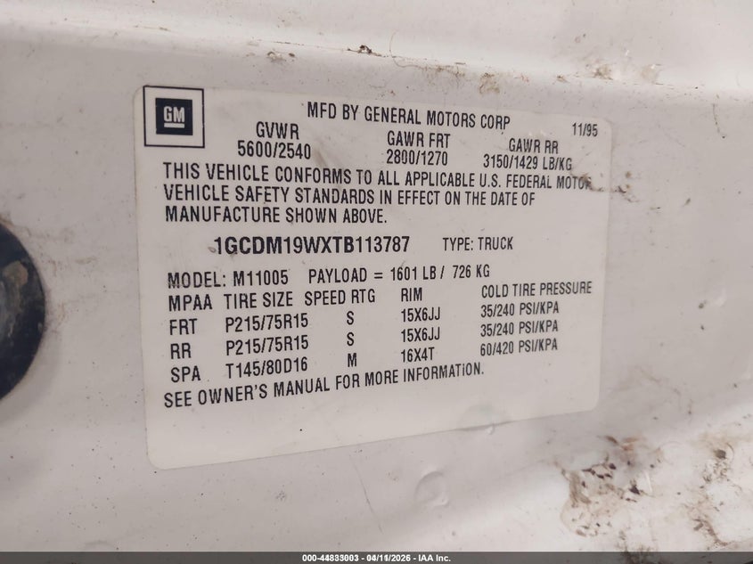 1996 Chevrolet Astro VIN: 1GCDM19WXTB113787 Lot: 44833003