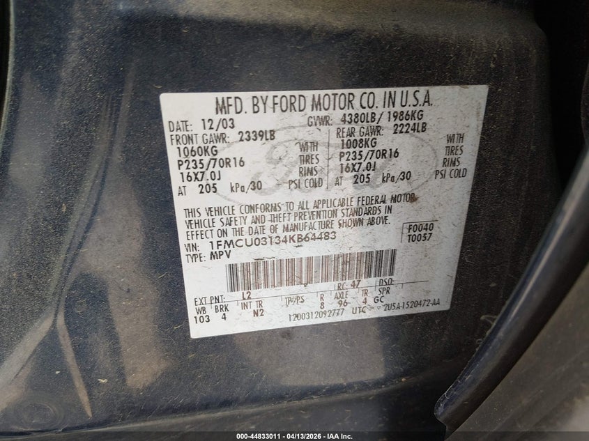 2004 Ford Escape Xlt VIN: 1FMCU03134KB64483 Lot: 44833011