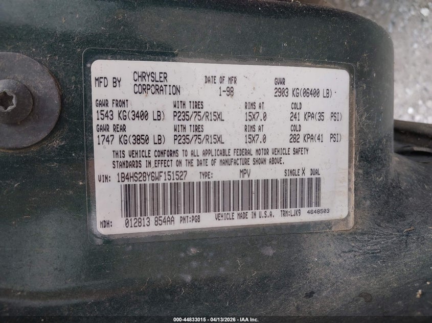 1998 Dodge Durango Slt VIN: 1B4HS28Y6WF151527 Lot: 44833015