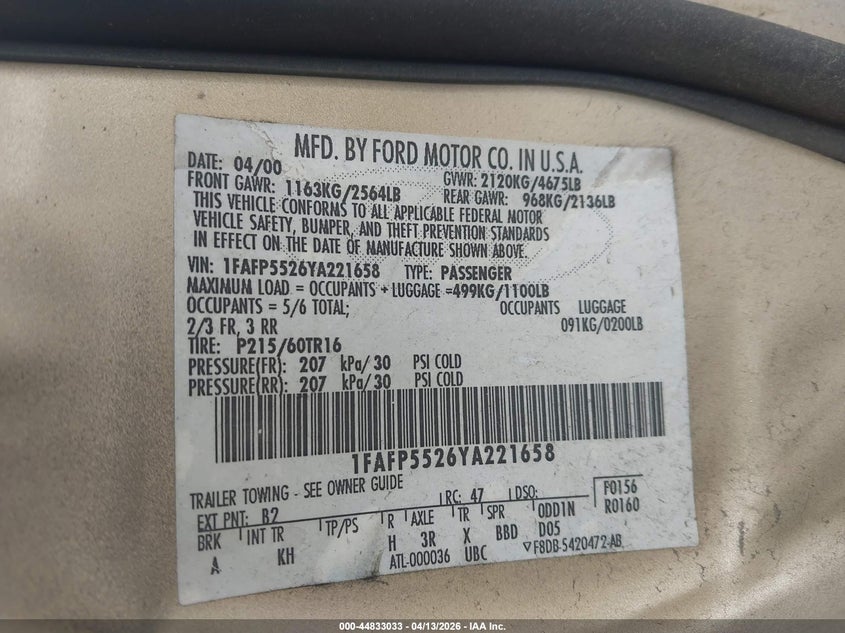 2000 Ford Taurus Ses VIN: 1FAFP5526YA221658 Lot: 44833033