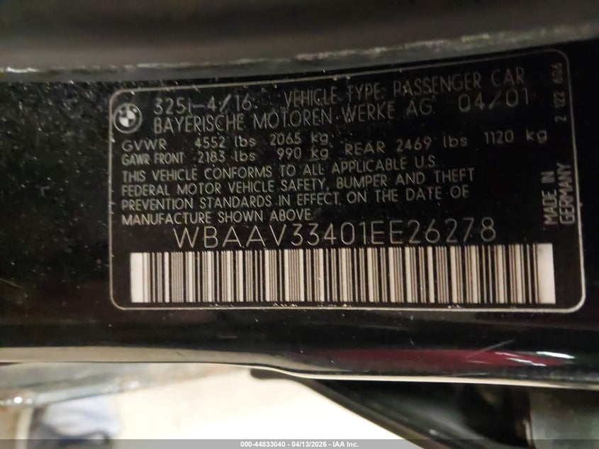 2001 BMW 325I VIN: WBAAV33401EE26278 Lot: 44833040