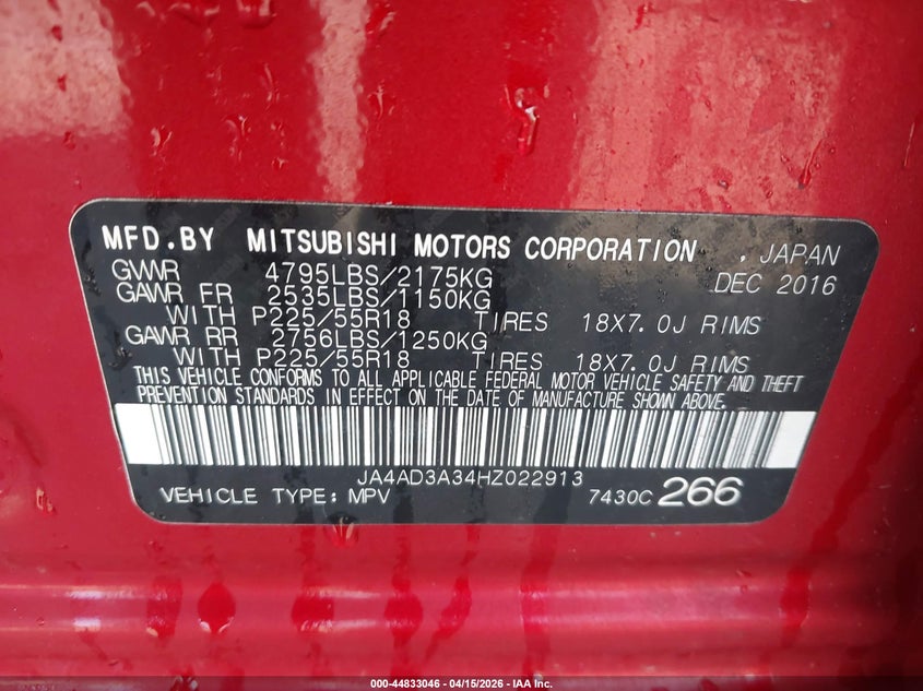 2017 Mitsubishi Outlander Se VIN: JA4AD3A34HZ022913 Lot: 44833046