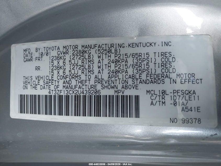 2002 Toyota Sienna Xle VIN: 4T3ZF13CX2U439206 Lot: 44833056