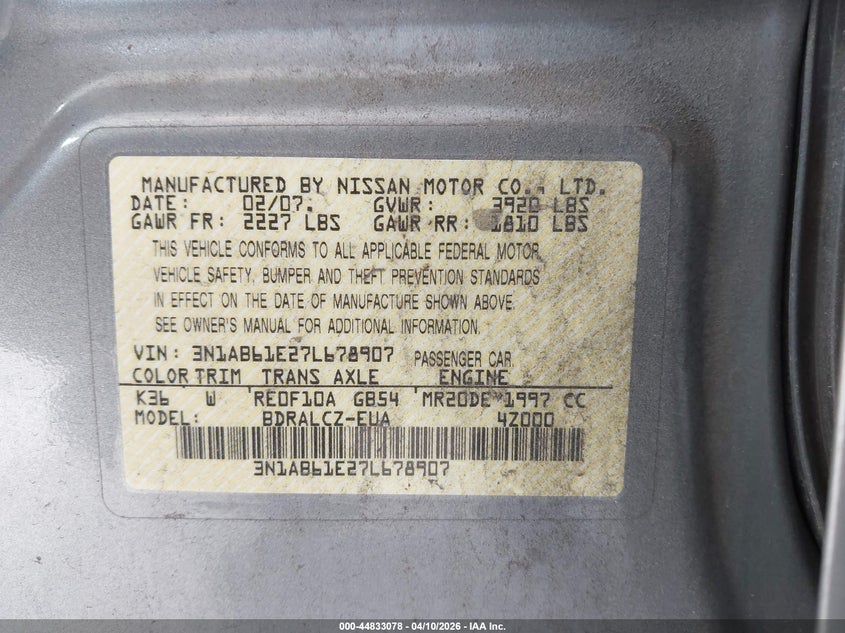 2007 Nissan Sentra 2.0 VIN: 3N1AB61E27L678907 Lot: 44833078