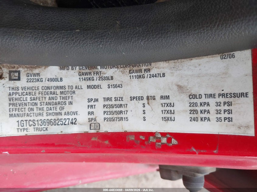2006 GMC Canyon Sle2 VIN: 1GTCS136968252742 Lot: 44833088