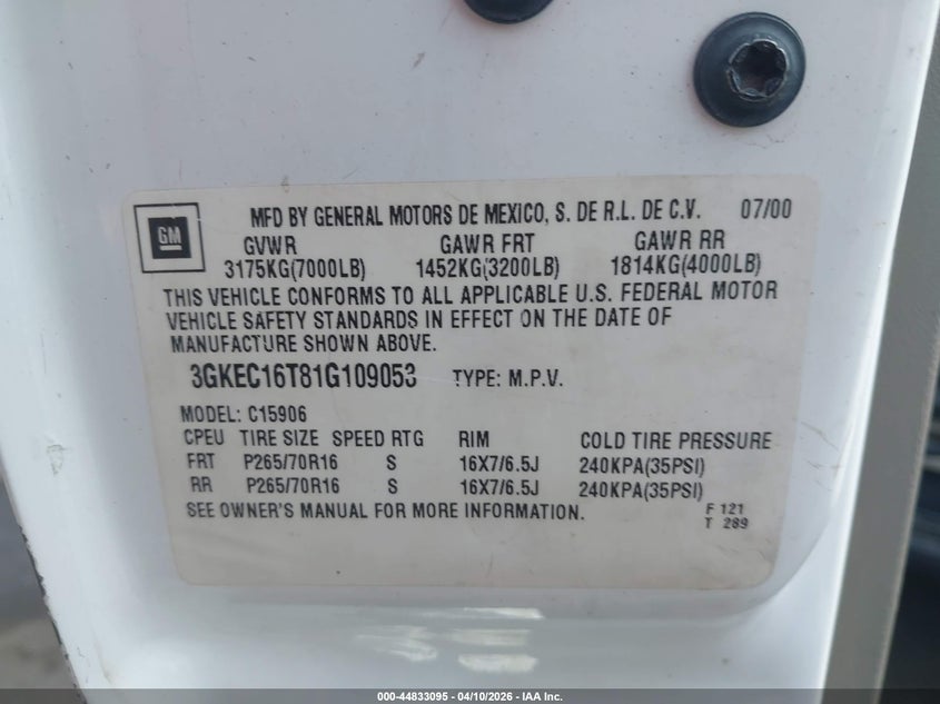 2001 GMC Yukon Xl 1500 Slt VIN: 3GKEC16T81G109053 Lot: 44833095