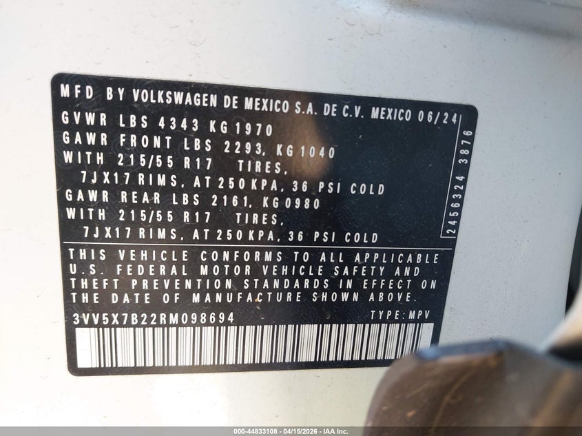 2024 Volkswagen Taos 1.5T S VIN: 3VV5X7B22RM098694 Lot: 44833108