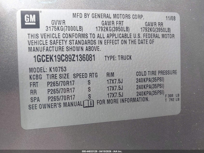 2009 Chevrolet Silverado 1500 Work Truck VIN: 1GCEK19C89Z136081 Lot: 44833129