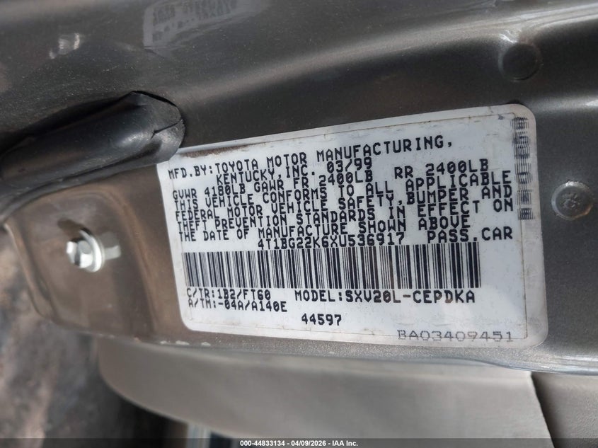 1999 Toyota Camry Ce VIN: 4T1BG22K6XU536917 Lot: 44833134