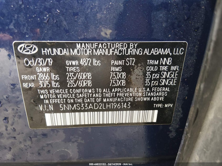 2020 Hyundai Santa Fe Sel VIN: 5NMS33AD2LH196143 Lot: 44833153
