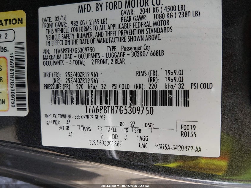 2016 Ford Mustang Ecoboost VIN: 1FA6P8TH7G5309750 Lot: 44833171