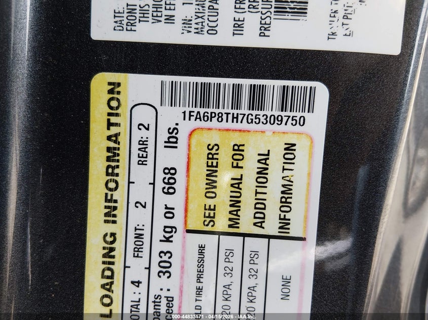 2016 Ford Mustang Ecoboost VIN: 1FA6P8TH7G5309750 Lot: 44833171