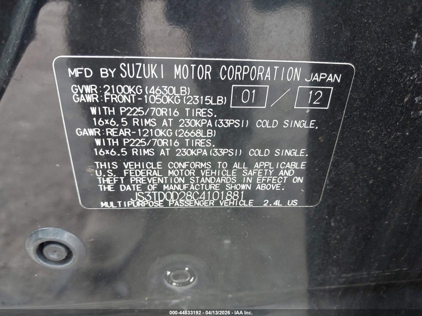 2012 Suzuki Grand Vitara Premium VIN: JS3TD0D28C4101881 Lot: 44833192