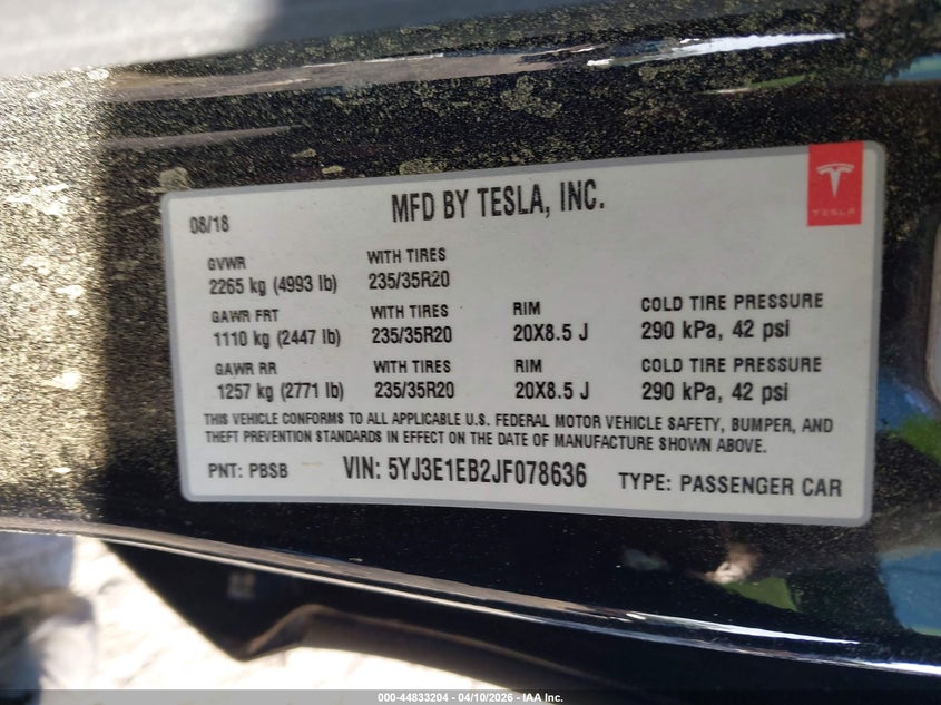 2018 Tesla Model 3 Long Range performance Black Lot 111044833204 Vin 5YJ3E1EB2JF078636